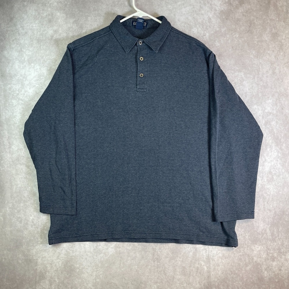 VINTAGE Lands End Rugby Shirt Mens XL Blue Herringbone Long Sleeve Polo USA Made